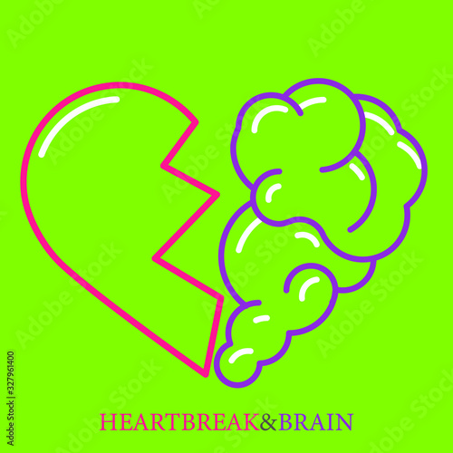 Heartbreak vector. Broken Heart and Brain flat modern icon logo vector design. Interaction between soul and intelligence, emotions, loneliness, divorce, broken relationship, rational thinking