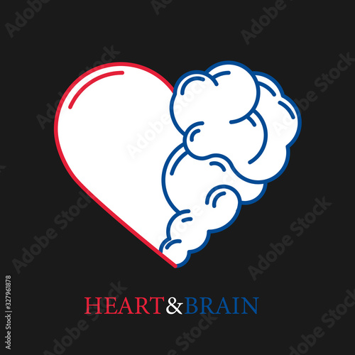 Heart and Brain flat modern icon logo vector design. Interaction between soul and intelligence, emotions and rational thinking or teamwork and balance