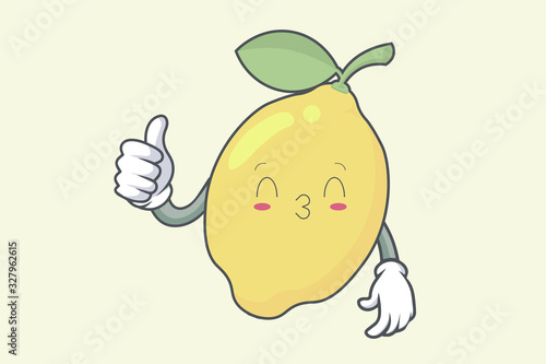 Vector Thumb Up, Okay, Okey, OK Hand Gesture. Kiss, Flirty, Smiling Eye face. Lemon Fruit character emoticon, emoji, expression cartoon style. Logo, Icon, Mascot Illustration art