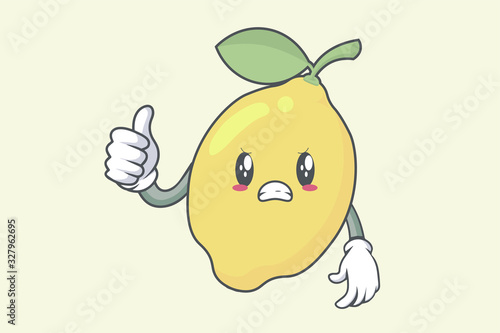Vector Thumb Up, Okay, Okey, OK Hand Gesture. Angry, Mad face. Lemon Fruit character emoticon, emoji, expression cartoon style. Logo, Icon, Mascot Illustration art