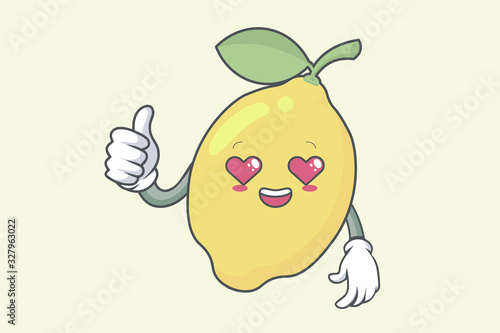 Vector Thumb Up, Okay, Okey, OK Hand Gesture. Lovely, Happy, Loving In Love, Heart Eye face. Lemon Fruit character emoticon, emoji, expression cartoon style. Logo, Icon, Mascot Illustration art