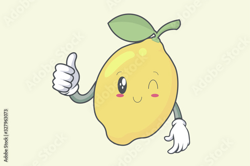 Vector Thumb Up, Okay, Okey, OK Hand Gesture. Wink, Smilling face. Lemon Fruit character emoticon, emoji, expression cartoon style. Logo, Icon, Mascot Illustration art