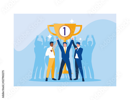 businessmen with gold trophy, successful business team
