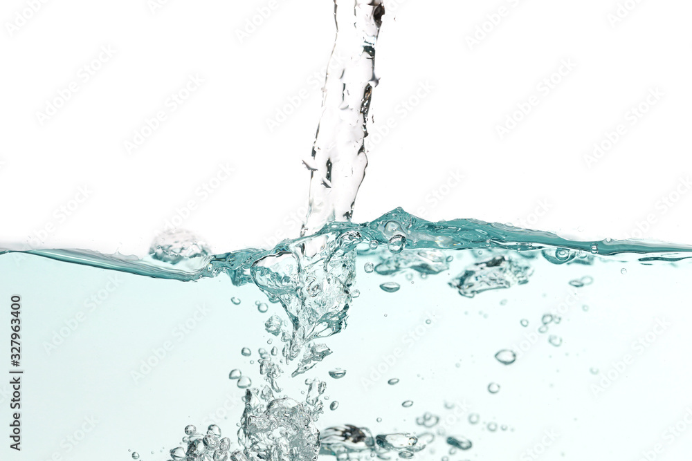 Close up water splash with air bubbles. Fresh and clean surface aqua flowing in wave and clean water on white background isolated. Advertising image with free space for your work Close up water splash with air bubbles. Fresh and clean surface aqua flowing in wave and clean water on white background isolated. Advertising image with free space for your work