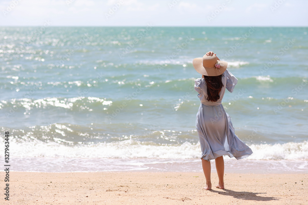 Rear view happiness traveller young asian woman in blue dress and hat standing on sandy beach. Cute girl enjoy her tropical sea on her holiday vacation during summer time and sunshine day. Rear view happiness traveller young asian woman in blue dress and hat standing on sandy beach. Cute girl enjoy her tropical sea on her holiday vacation during summer time and sunshine day.