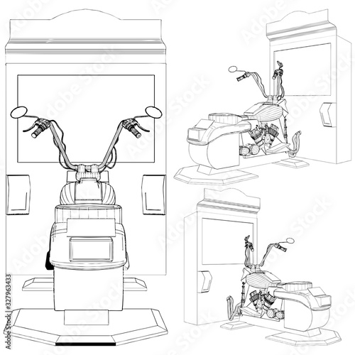 Motorcycles Slot Machine in front of the TV screen. Arcade motorcycle racing simulator machine. 