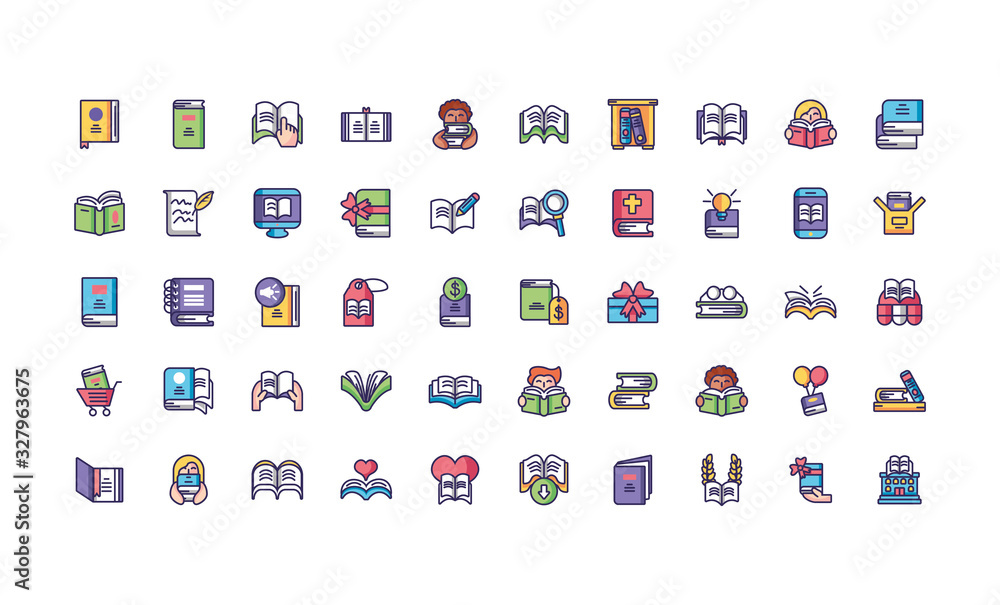 book day icon set, line and fill style book day icon set, line and fill style