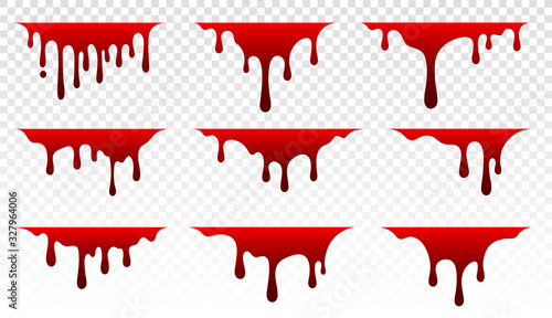 Paint dripping. Dripping liquid. Paint flows. Current paint, stains. Current drops. Dripping blood. Seamless pattern. Current inks. Vector illustration. Color easy to edit. Transparent background.