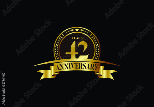 42th years anniversary logo template, vector design birthday celebration, Golden anniversary emblem with ribbon. Design for a booklet, leaflet, magazine, brochure, poster, web, invitation or greeting photo