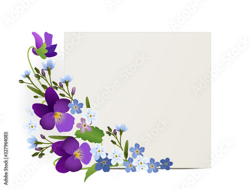Ornament von Veilchen und Vergissmeinnicht Blumen mit Karte,   Vektor Illustration isoliert auf weißem Hintergrund