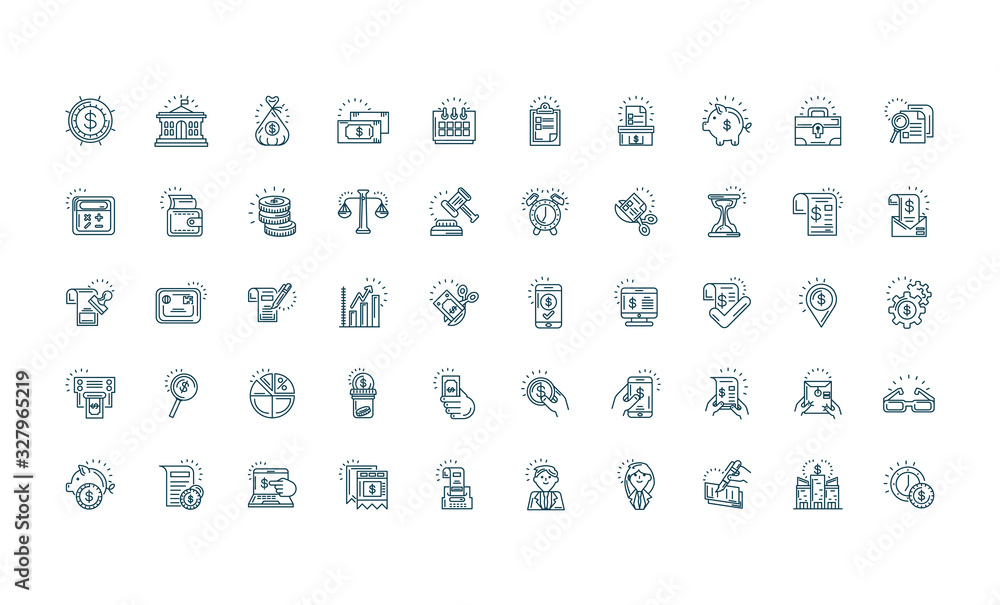 Tax day and money icons set, line style Tax day and money icons set, line style