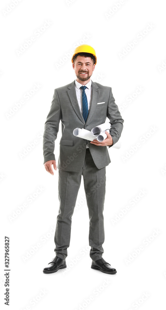Male engineer with drawings on white background Male engineer with drawings on white background