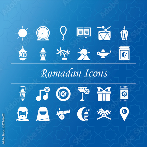 ramadan icons set over blue background, silhouette style
