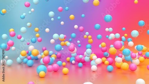 Canvas-taulu 3d render, abstract vibrant gradient background, assorted colorful balls falling down, jumping, bouncing, flying or levitating inside empty room