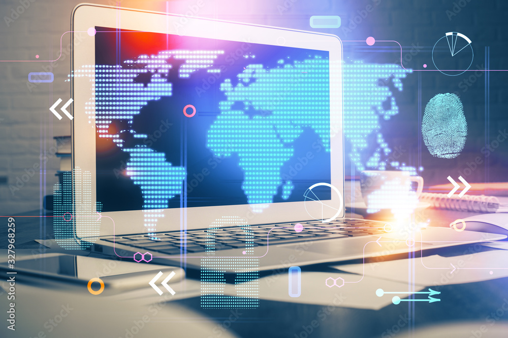 Multi exposure of table with computer and world map hologram. International data network concept. Multi exposure of table with computer and world map hologram. International data network concept.