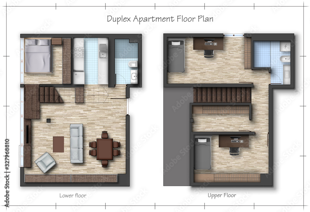 Architectural Color Duplex Apartment Floor Plan. Interior project