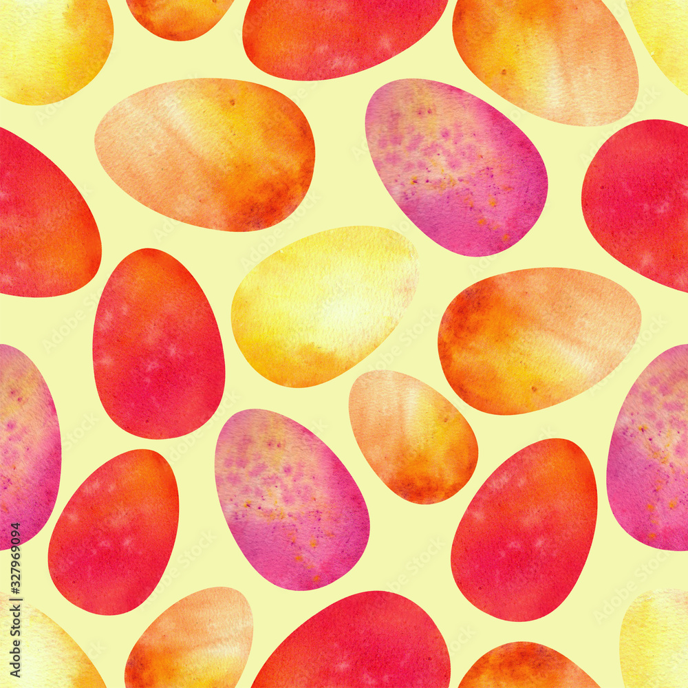 Colorful Easter eggs on a yellow background. Seamless patterns. Watercolor