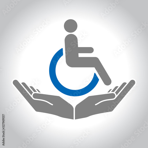 Disability patient in the wheelchair with helper hands. Handicapped person. Disabled Icon vector.