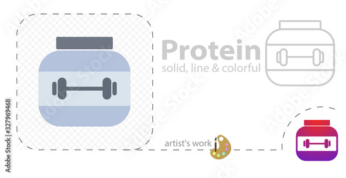 Protein powder jar. Bodybuilding food supplement vector flat illustration, solid, line icon