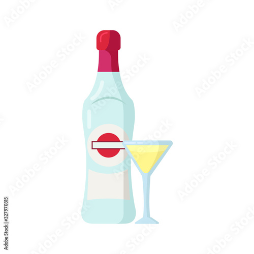 Martini bottle with glass flat vector illustration