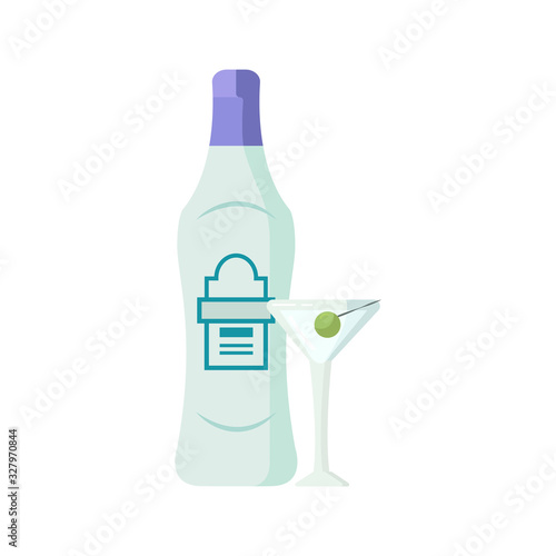 Vermouth bottle with glass flat vector illustration
