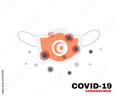 Medical face mask with symbol of Tunisia flag to protect Tunisian people from coronavirus or Covid-19, virus outbreak protection concept, sign symbol background, vector illustration 