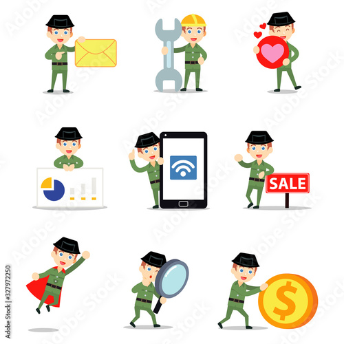 Set character of civil guard man checking security camera every hour.