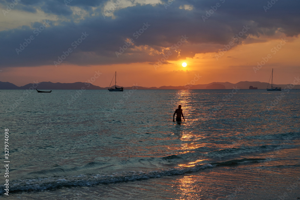 1 March 2020, a sunset view at Khlong Muang Beach in Krabi province of Thailand.