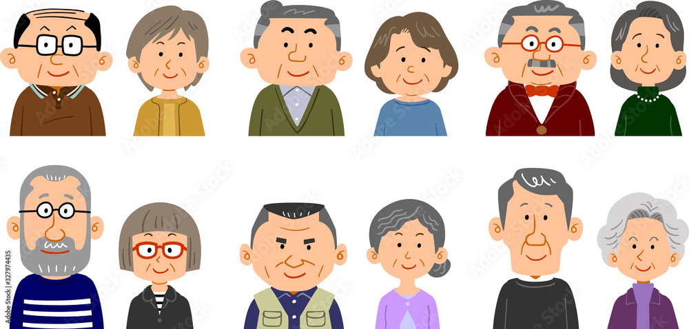 6種類のシニア夫婦の表情と上半身 6種類のシニア夫婦の表情と上半身