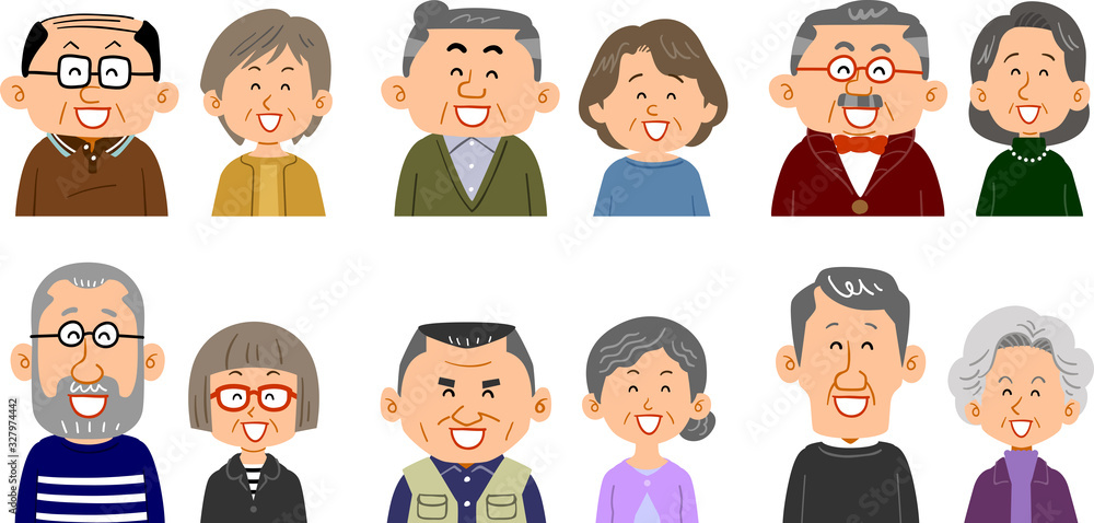 6種類のシニア夫婦の表情と上半身 笑顔 6種類のシニア夫婦の表情と上半身 笑顔