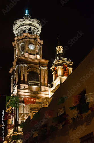 Puerto Vallarta church at night.