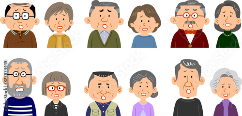 6種類のシニア夫婦の表情と上半身　困る