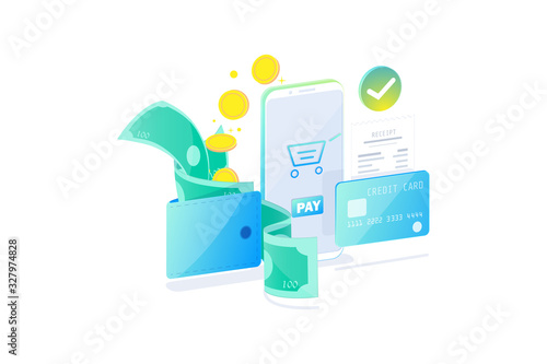 Online payment technology concept, Cashless society, safety payment. bills, coins and credit card pay online with smartphone flat design, vector illustration.
