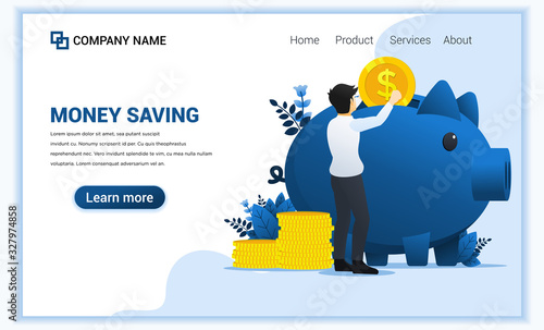 Modern flat web page design concept of Money saving with A man puting coin money into large piggy bank. Flat landing page template. vector illustration