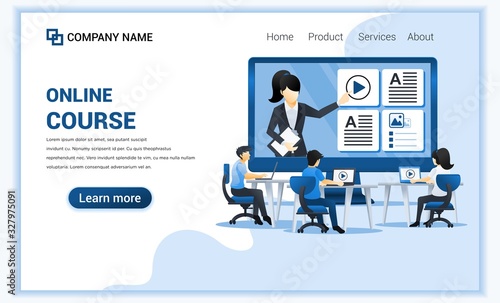 Online course with people sitting at desk and studying with laptop. Can use for banner, mobile app, landing page, website design template. Flat vector illustration