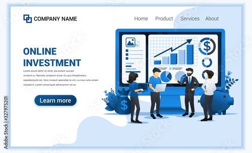 Investment concept with people work on giant screen, business investment, financial technology. Can use for web banner, infographics, landing page, web template. Flat vector illustration