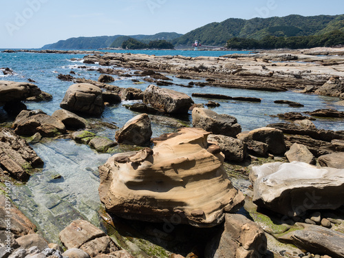 Sandstone rock formations at Tatsukushi coast - a natural scenic landmark near Tosashimizu, Kochi prefecture, Japan photo