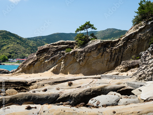 Sandstone rock formations at Tatsukushi coast - a natural scenic landmark near Tosashimizu, Kochi prefecture, Japan photo