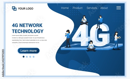 4G network technology concept. Internet systems telecommunication service. People sitting and standing on the big 4G symbol using high speed wireless connection 4G. Flat vector illustration