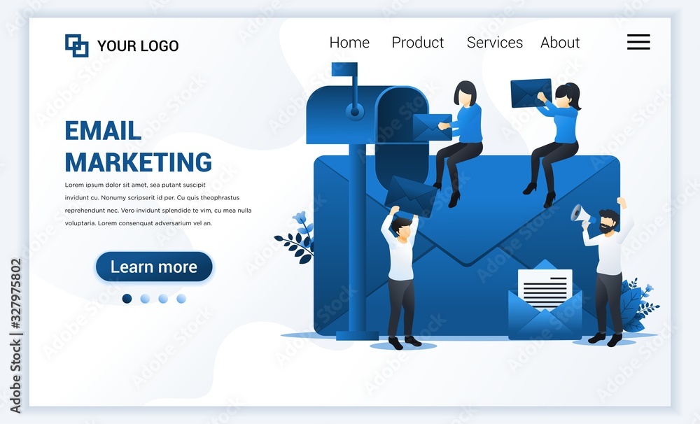 Landing page template of Email marketing, mailing services with characters. Modern flat web page design concept for website and mobile website. Vector illustration Landing page template of Email marketing, mailing services with characters. Modern flat web page design concept for website and mobile website. Vector illustration