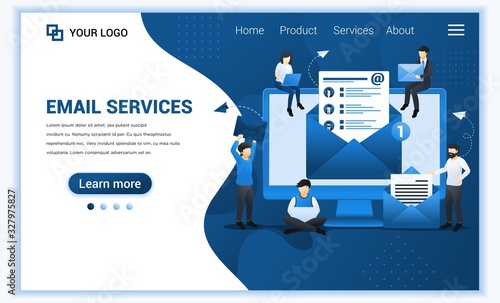 Landing page template of Email marketing, mailing services with people work on device. Modern flat web page design concept for website and mobile website. Vector illustration