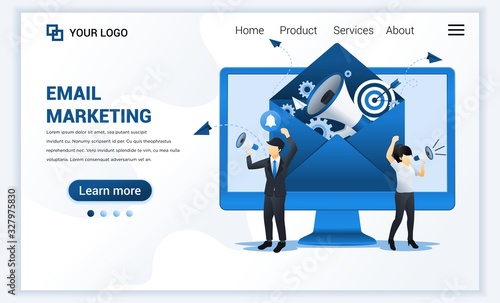 Landing page template of Email marketing services with businessman shout on megaphone for promotion. Modern flat web page design concept for website and mobile website. Vector illustration