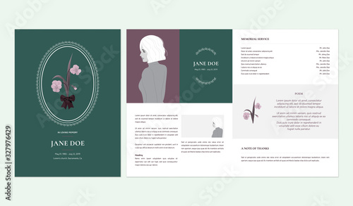 Floral memorial and funeral invitation card template design, pansy flower, green and purple tones