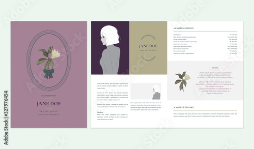 Floral memorial and funeral invitation card template design, magnolia flower, purple and brown tones