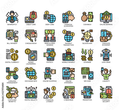 Set of cashless society thin line and pixel perfect icons for any web and app project.