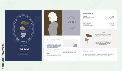 Floral memorial and funeral invitation card template design, Indian lotus flower, dark blue and brown tones