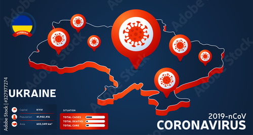 Isometric map of Ukraine with highlighted country vector illustration on dark background. coronavirus statistics. 2019-nCoV Dangerous chinese ncov corona virus. infographic and country info.