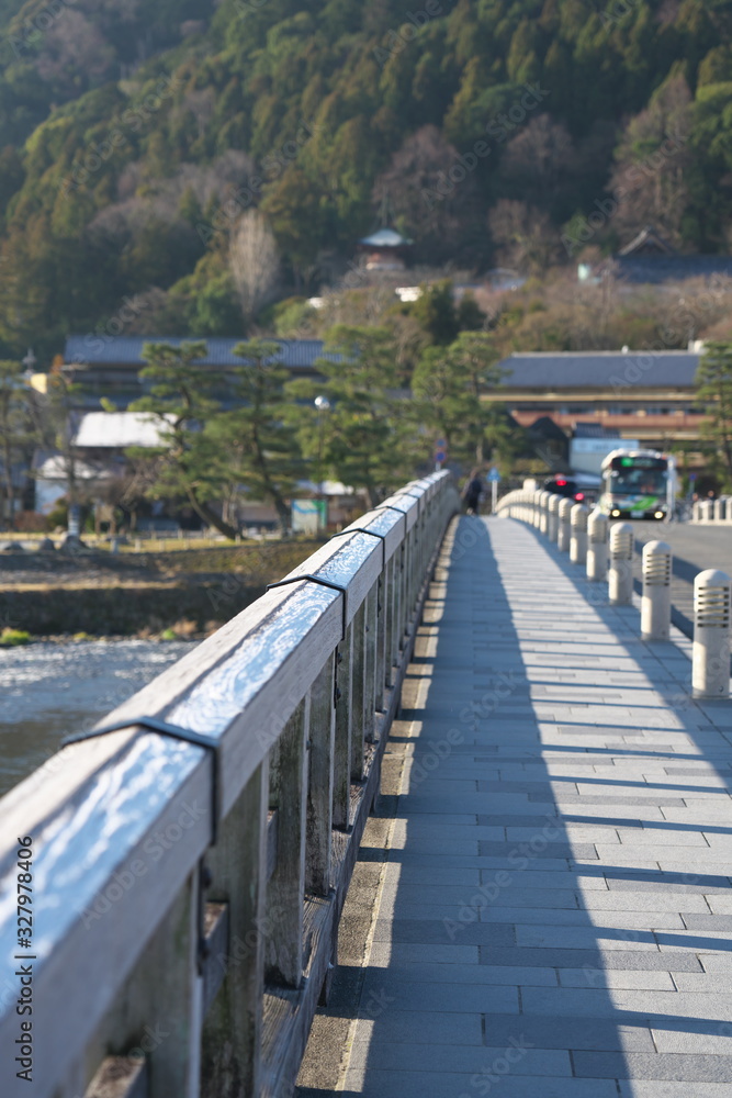 Kyoto,Japan-February 24, 2020: Togetsu-kyo Bridge in Arashiyama, Kyoto