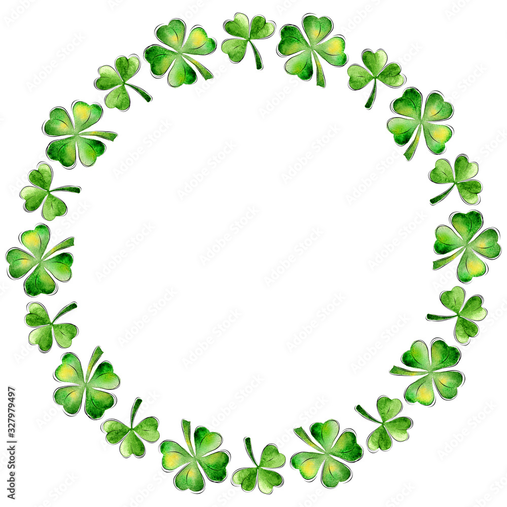 St. Patrick's Day round frame. Holiday card with watercolor clover mandala St. Patrick's Day round frame. Holiday card with watercolor clover mandala