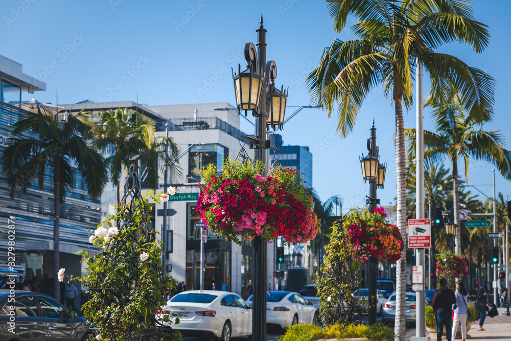 View of the fashionable street Rodeo Drive in Beverly Hills in Los Angeles, California